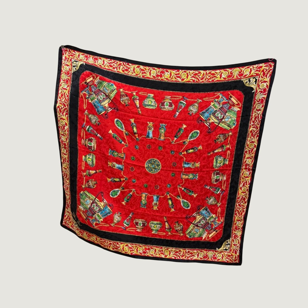 Diane Freis Silk Scarf Red Black Gold Perfume Bottle Baroque Old Money